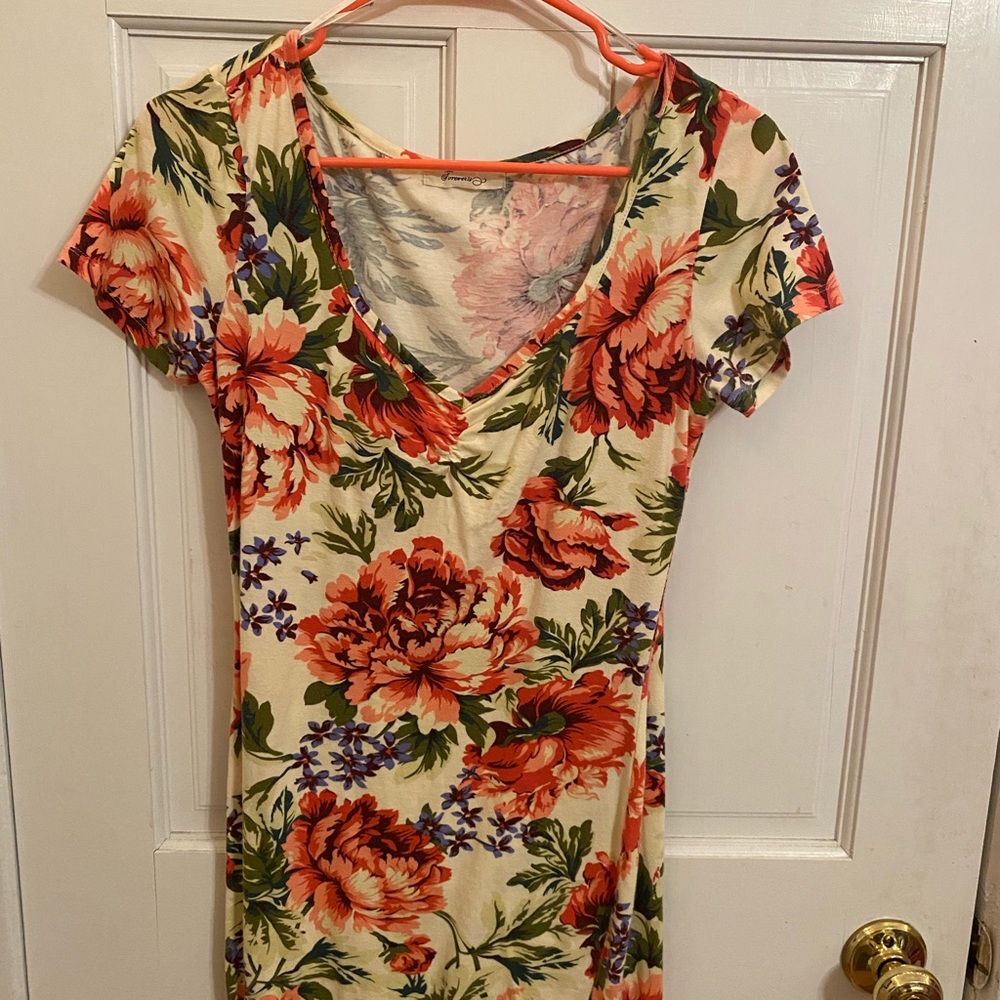 Coral Pink Floral Crew Neck Mini Tank Dress